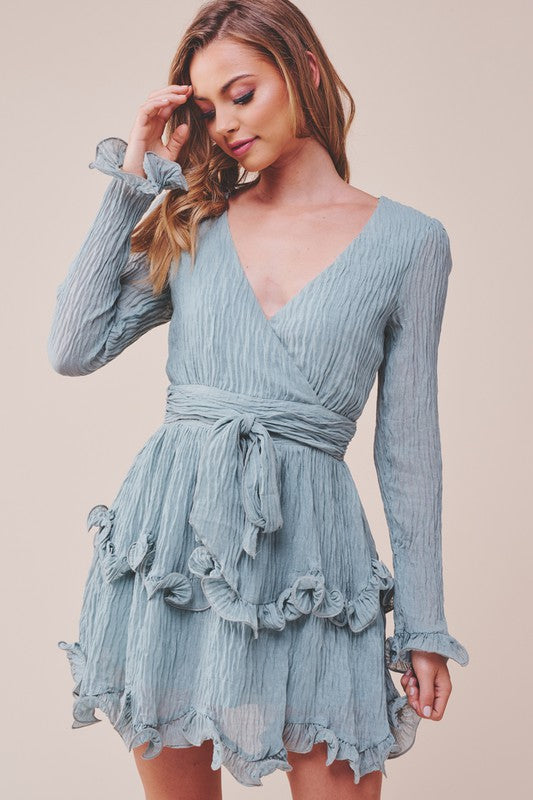 Fashion Olive Texture Detailed Ruffle Tie-Up Dress with Long Sleeve