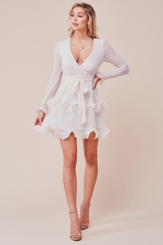 Fashion Beige Texture Detailed Ruffle Tie-Up Dress with Long Sleeve