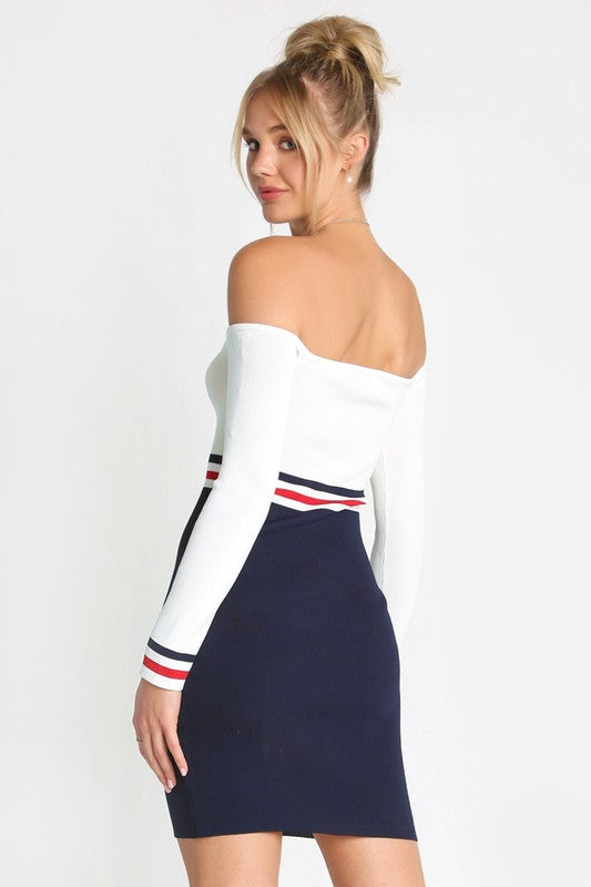 Fashion Navy White Off Shoulder Marine Dress
