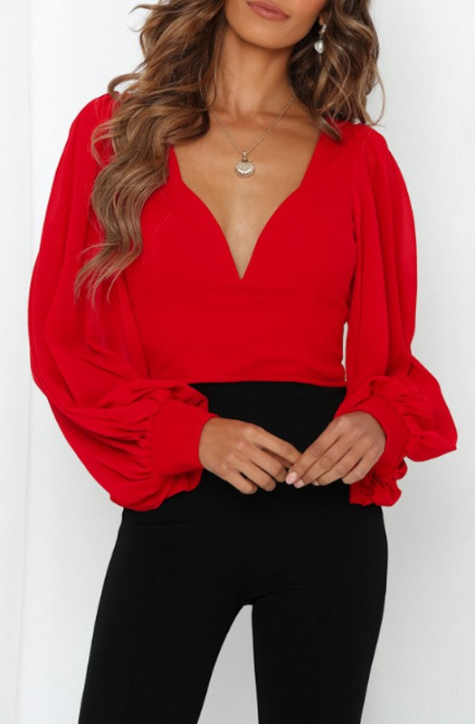 Elegant Red Deep V-Neck Crop Top Back Tie-Up with Puffy Sleeve