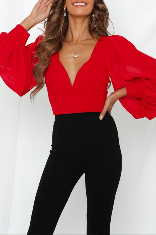 Elegant Red Deep V-Neck Crop Top Back Tie-Up with Puffy Sleeve