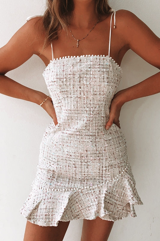Elegant Strap White Multi-Color Textured Detailed Ruffle Dress