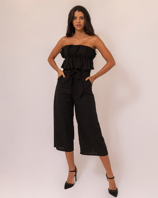Elegant Strapless Black Tie-Up Ruffle Crop Jumpsuit