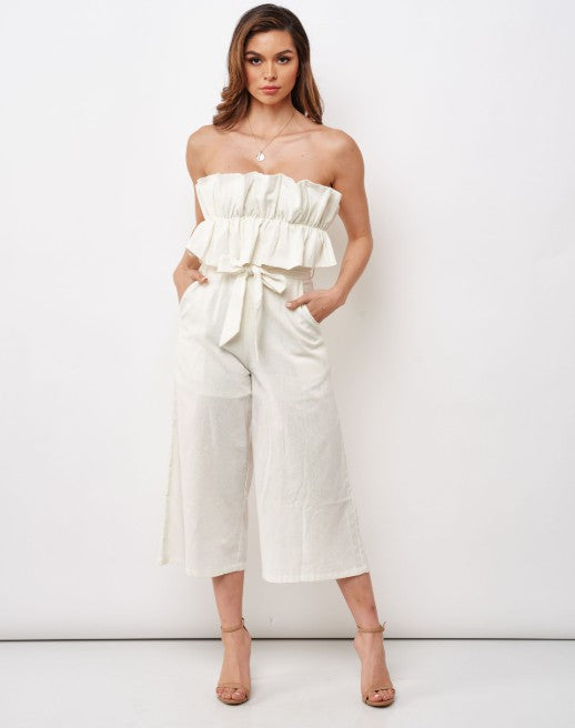 Elegant Strapless White Tie-Up Ruffle Crop Jumpsuit