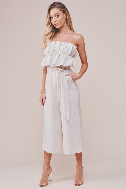 Elegant Strapless Beige Tie-Up Ruffle Crop Jumpsuit