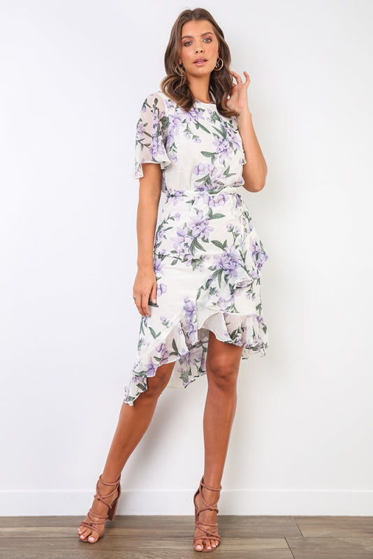 Fashion White Multi-Color Floral Print High Low Tie-Up Ruffle Dress