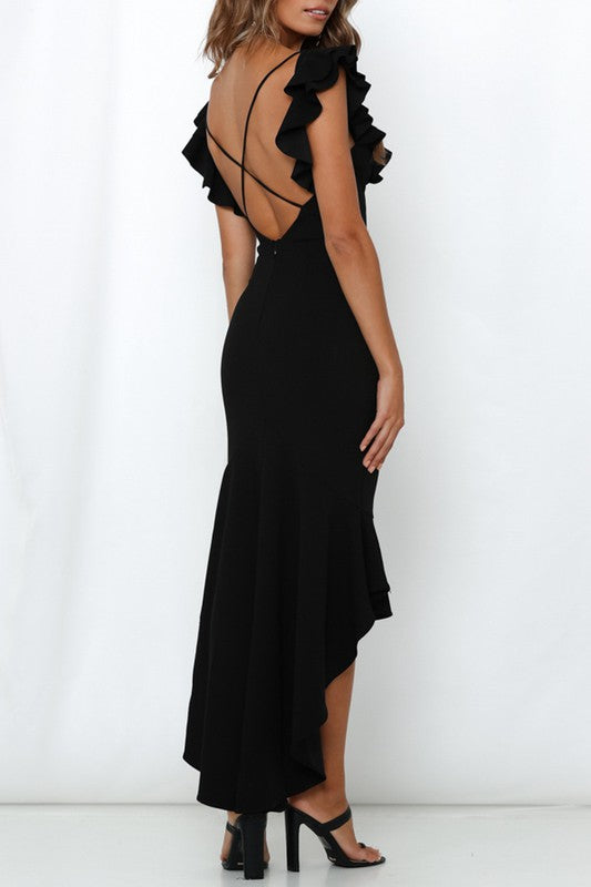 Elegant V-Neck Black High Low Ruffle Open Back Sleeveless Dress