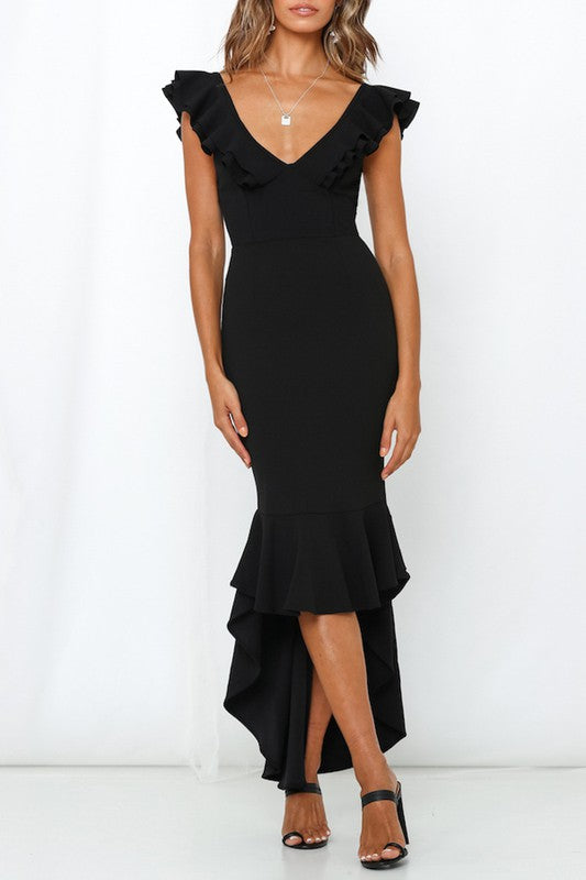 Elegant V-Neck Black High Low Ruffle Open Back Sleeveless Dress
