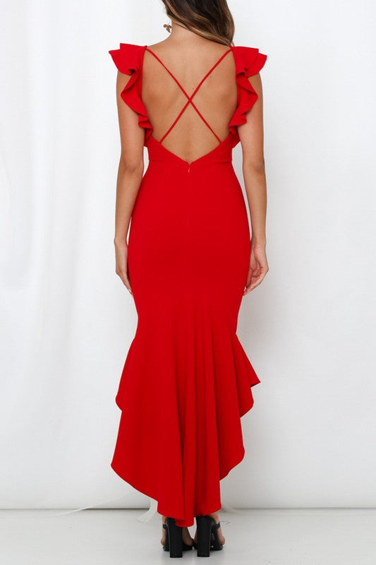 Elegant V-Neck Red High Low Ruffle Open Back Sleeveless Dress