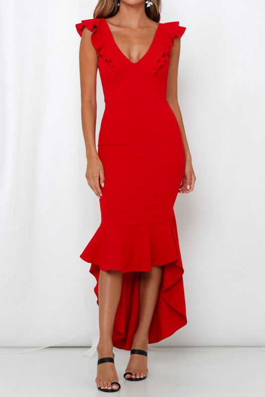 Elegant V-Neck Red High Low Ruffle Open Back Sleeveless Dress
