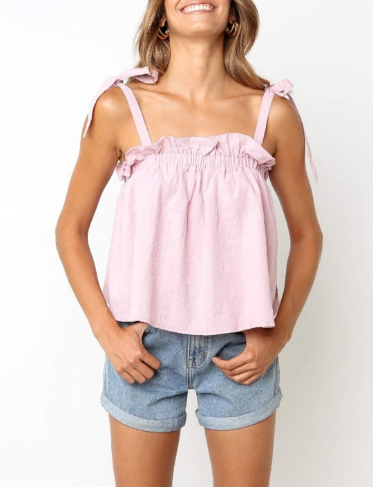 Fashion Strap Blush Ruffle Tie-Up Top
