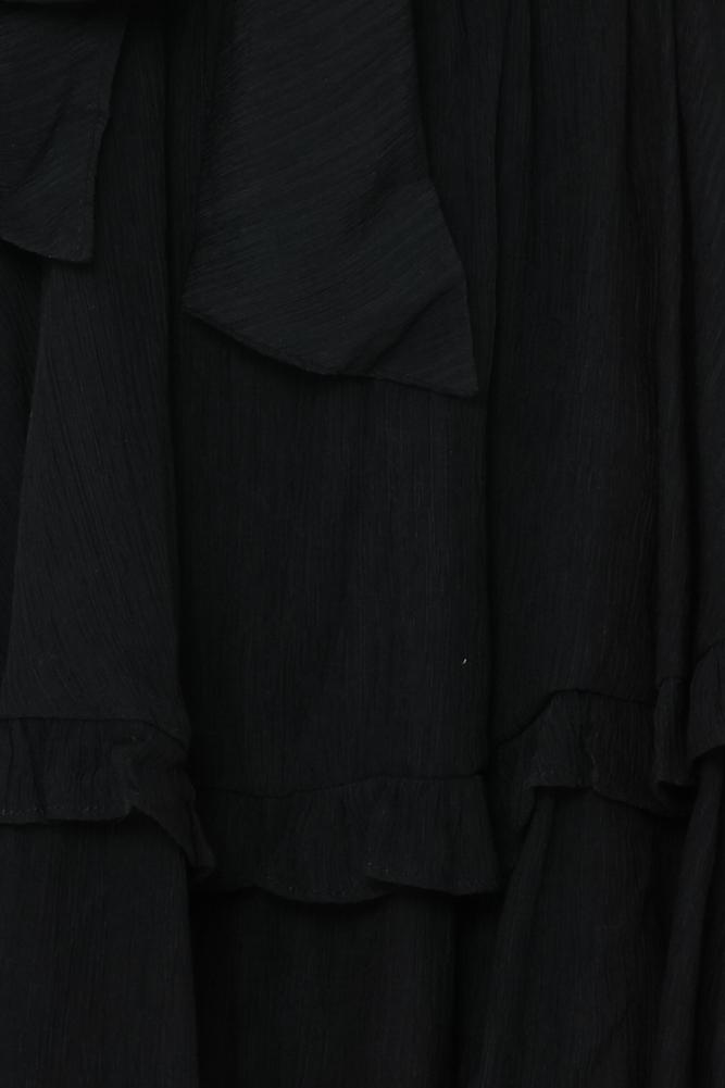 Fashion Black Deep V-Neck Tie-Up Ruffle Dress with Long Sleeve