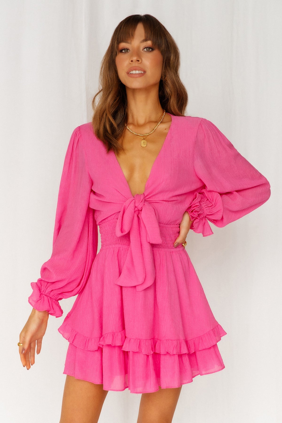 Fashion Hot Pink Deep V-Neck Tie-Up Ruffle Dress with Long Sleeve