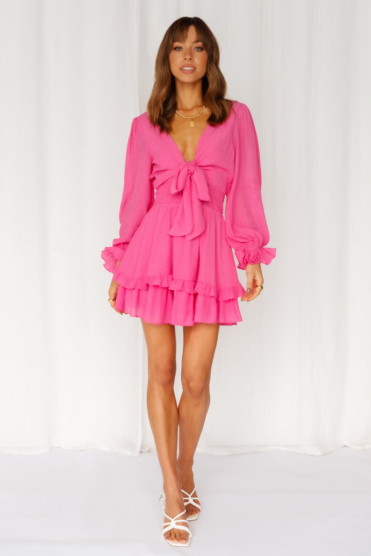 Fashion Hot Pink Deep V-Neck Tie-Up Ruffle Dress with Long Sleeve