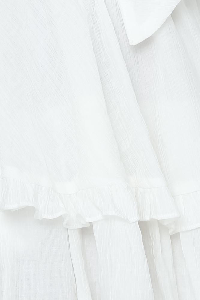 Fashion White Deep V-Neck Tie-Up Ruffle Dress with Long Sleeve