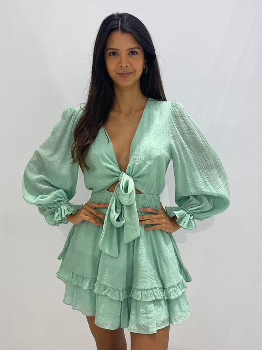 Fashion Pistachio Deep V-Neck Tie-Up Ruffle Dress with Long Sleeve