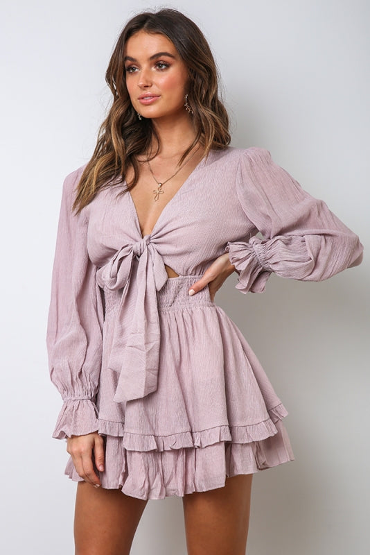 Fashion Blush Deep V-Neck Tie-Up Ruffle Dress with Long Sleeve