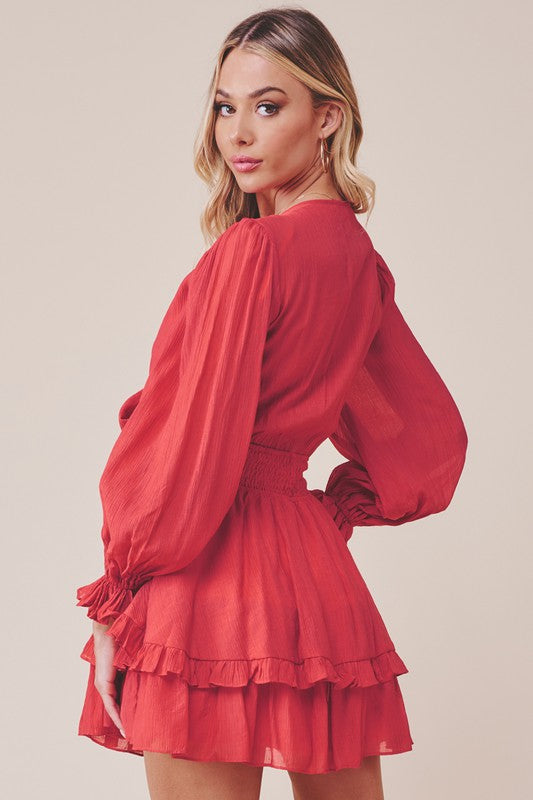 Fashion Red Deep V-Neck Tie-Up Ruffle Dress with Long Sleeve