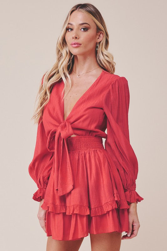 Fashion Red Deep V-Neck Tie-Up Ruffle Dress with Long Sleeve