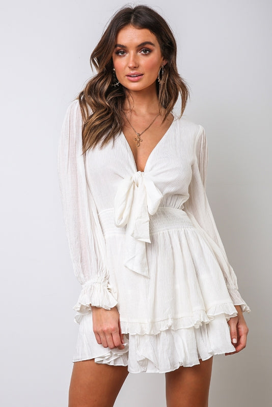 Fashion White Deep V-Neck Tie-Up Ruffle Dress with Long Sleeve Fashion White Deep V-Neck Tie-Up Ruffle Dress with Long Sleeve