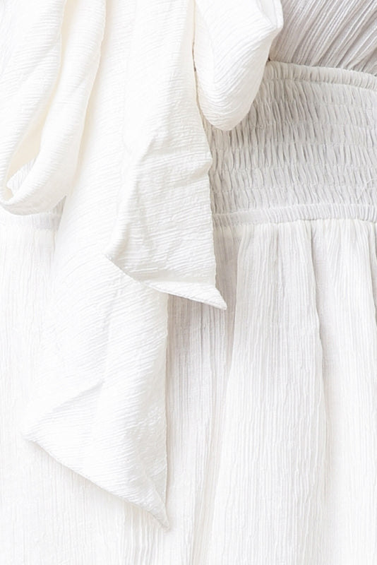Fashion White Deep V-Neck Tie-Up Ruffle Dress with Long Sleeve
