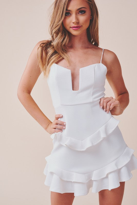 Fashion Strap V-Neck Ruffle White Dress
