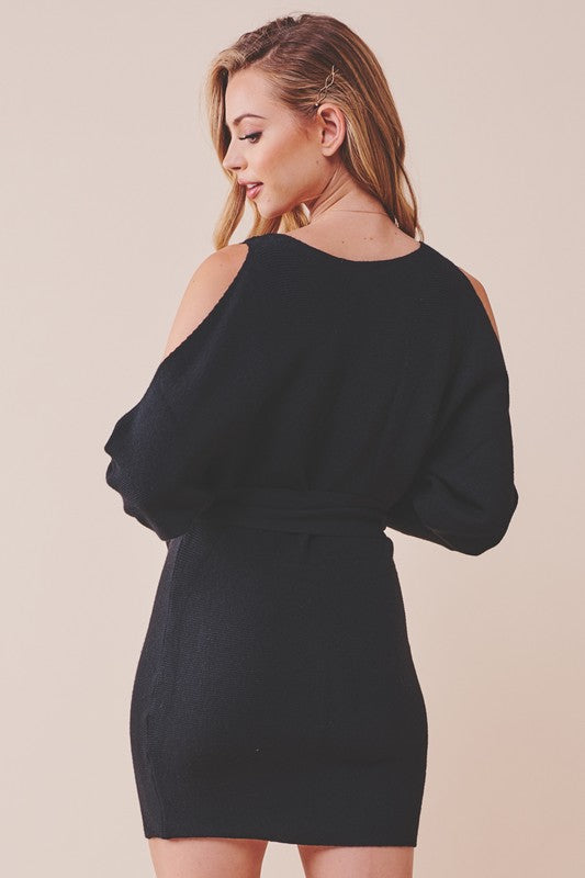 Fashion Black Cold Shoulder Tie-Up Puffy Sleeve Sweater Dress