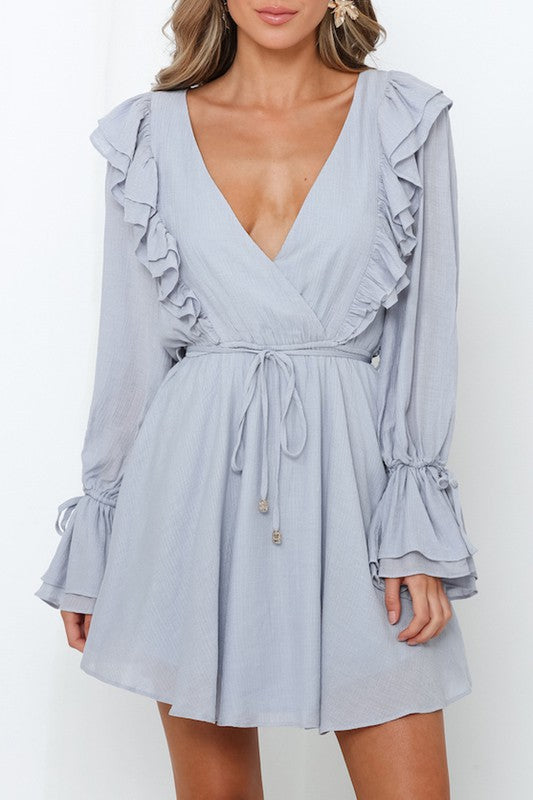 Fashion Grey Ruffle V-Neck Dress with Band Long Bell Sleeve Detailed