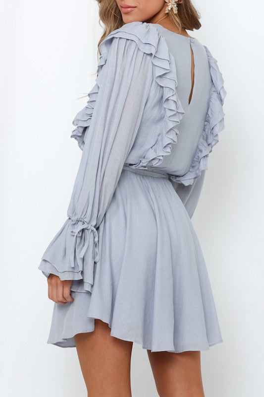 Fashion Grey Ruffle V-Neck Dress with Band Long Bell Sleeve Detailed