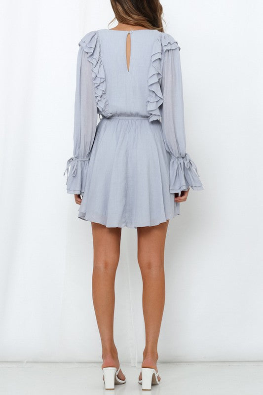 Fashion Grey Ruffle V-Neck Dress with Band Long Bell Sleeve Detailed