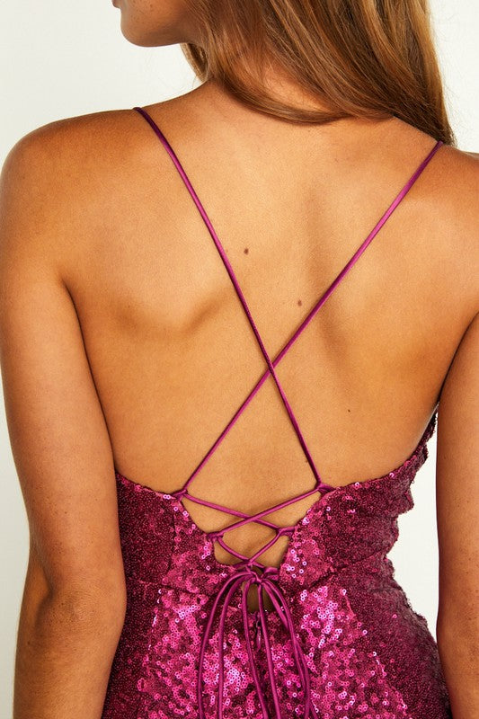 Fashion Strap V-Neck Fuchsia Sequence Open Back Tie-Up Ruffle Dress