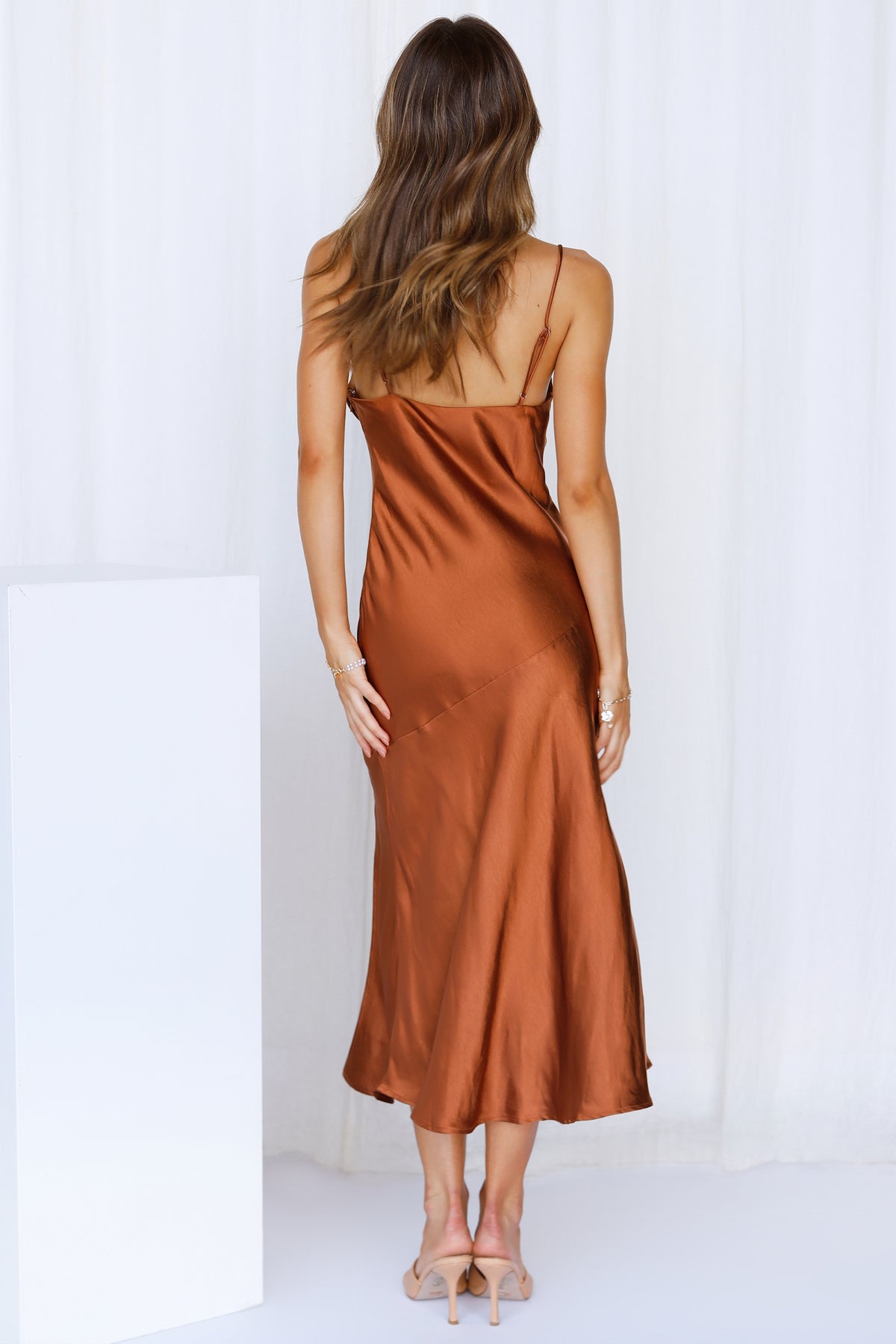 Elegant Strap Chocolate Satin Maxi Dress with Slit