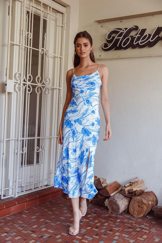 Fashion Strap Blue Floral Print Maxi Dress with Slit