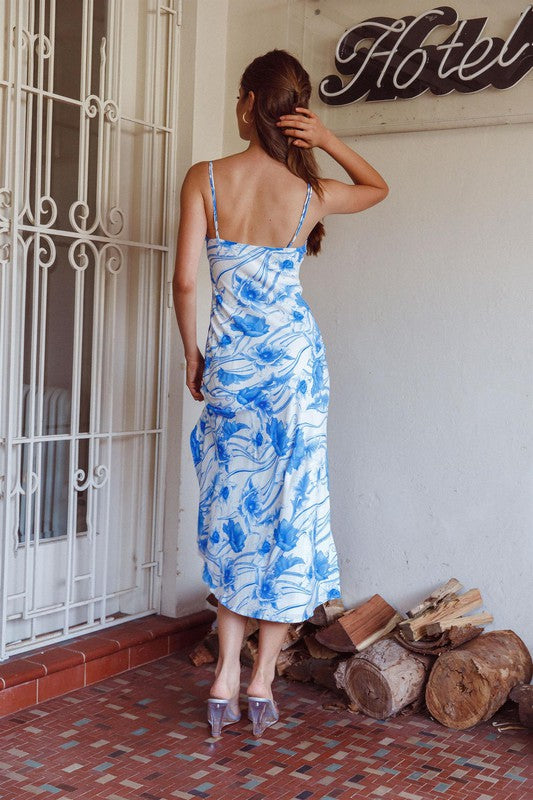 Fashion Strap Blue Floral Print Maxi Dress with Slit