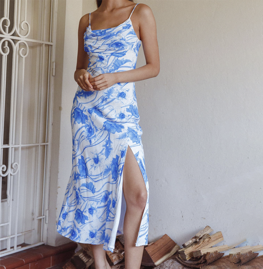 Fashion Strap Blue Floral Print Maxi Dress with Slit