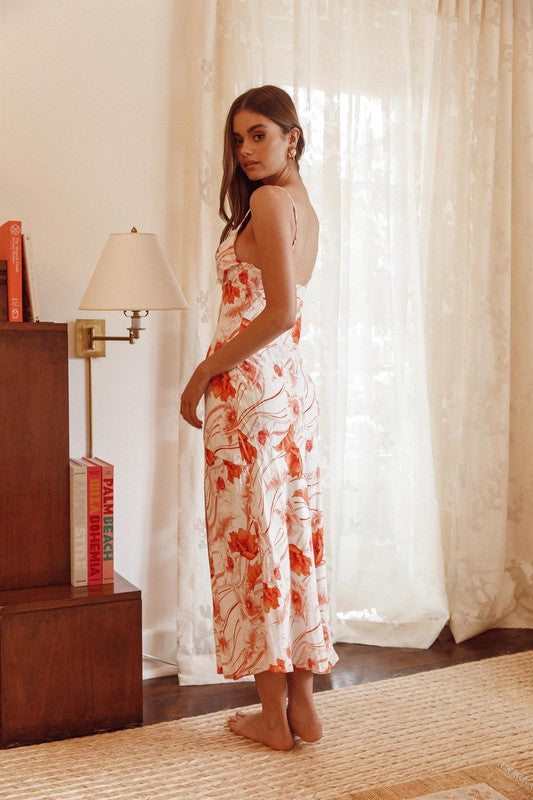 Fashion Strap Orange Floral Print Maxi Dress with Slit