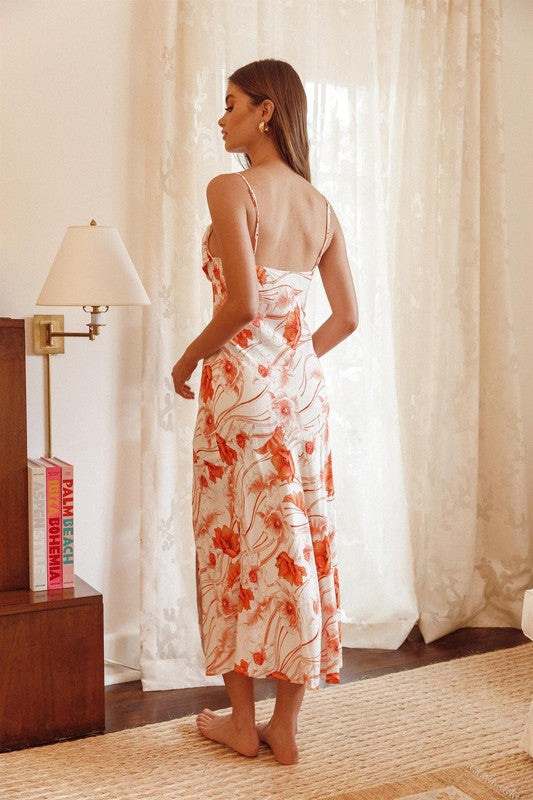 Fashion Strap Orange Floral Print Maxi Dress with Slit