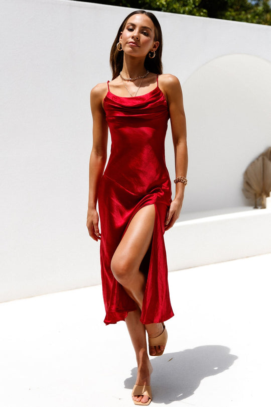 Elegant Strap Wine Satin Maxi Dress with Slit