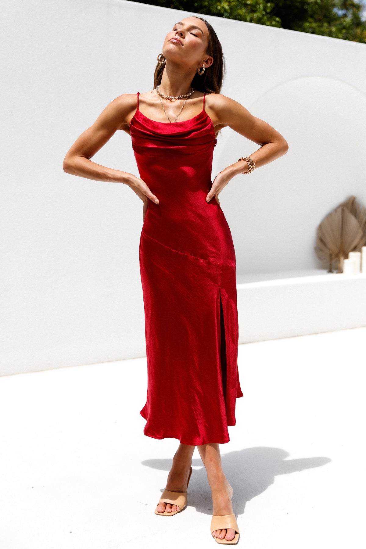 Elegant Strap Wine Satin Maxi Dress with Slit
