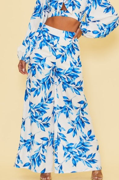 Elegant White Blue Floral Print High Waisted Pants