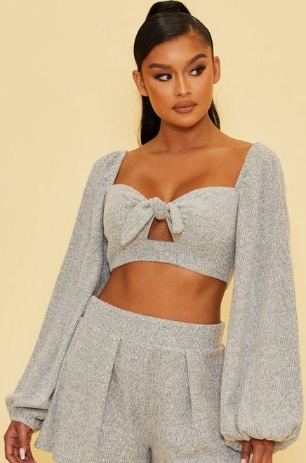 Fashion Grey Ribbed Textured Front Tie-Up Casual Crop Top with Bell Sleeve