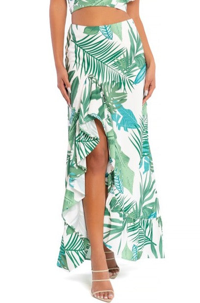 Fashion White Green Tropical Print High Waisted Ruffle Maxi Skirt with Middle Slit