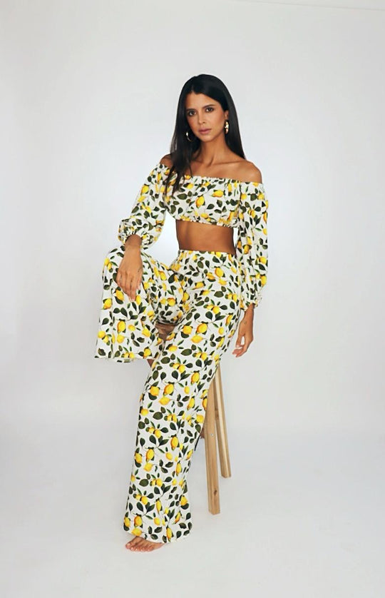 Elegant White Lemon Print High Waisted Pants