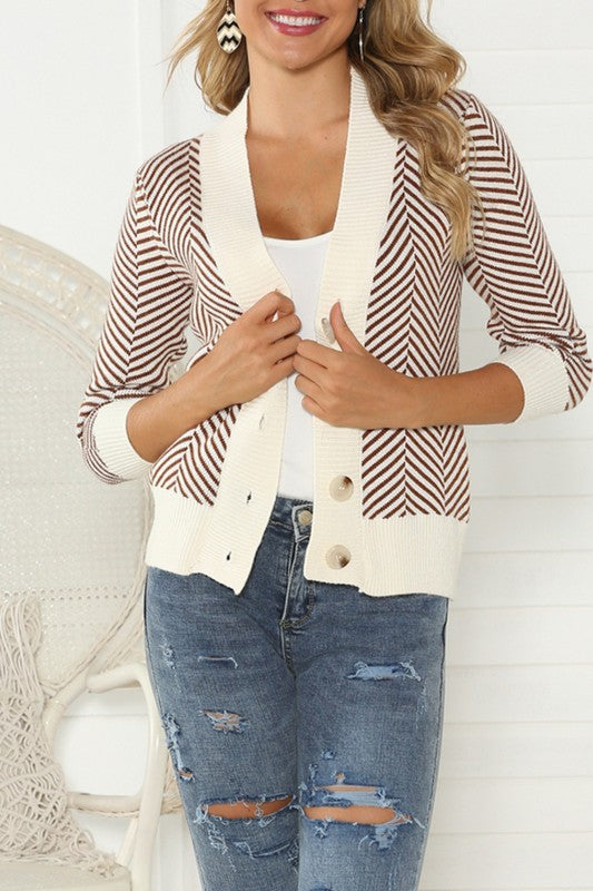 Elegant Fashion Brown White Contrast Cardigan