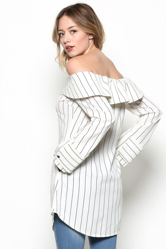 Elegant Off Shoulder Striped White Shirt Dress