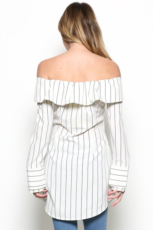 Elegant Off Shoulder Striped White Shirt Dress