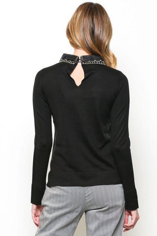 Elegant Black Long Sleeve Sweater with Floral Embroidery Detailed Neck