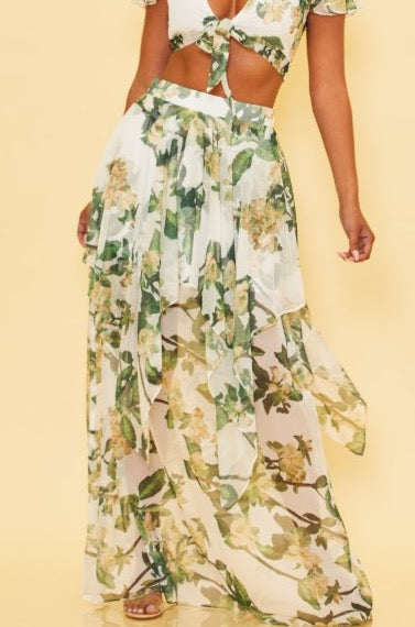 Elegant White Multi-Color Floral Print High Waisted Layered Ruffle Maxi Skirt