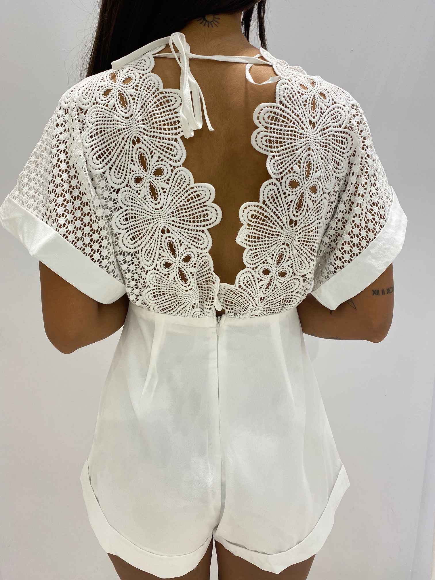 Fashion White Lace Crochet Romper Deep V-Neck with Band Sleeve Detailed