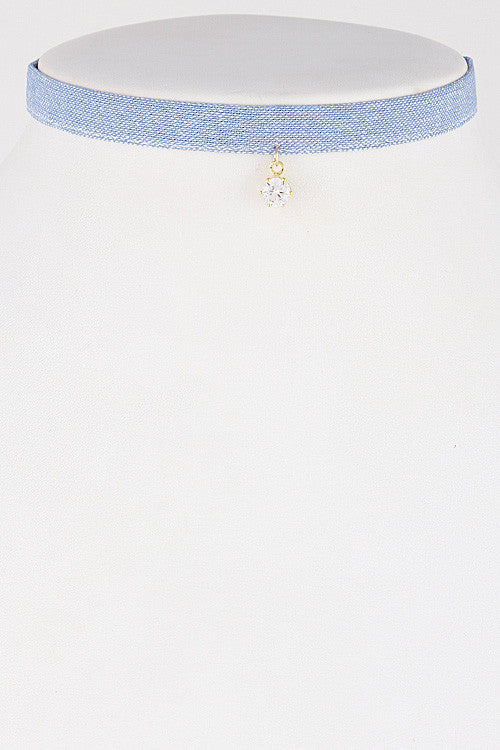 Elegant Blue Denim Choker with Rhinestone